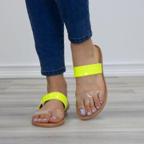 Neon & Clear Strap Sandals Flat Sole Slip-On - Picture 7 of 8